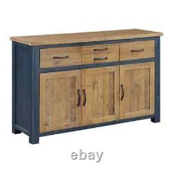 Large 3 Door, 4 Drawer Sideboard, Reclaimed Wood & Blue, Fully Built, Baumhaus