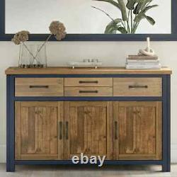 Large 3 Door, 4 Drawer Sideboard, Reclaimed Wood & Blue, Fully Built, Baumhaus