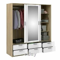 Large 3 Door 6 Drawer Mirrored High Gloss Triple White/Oak Wardrobe With Shelves