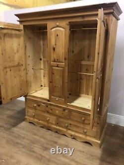 Large 3 Door Solid Pine Wardrobe With 5 Drawers Below See All Pics