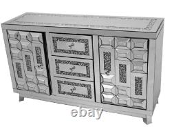 Large 3 drawer 2 door crushed diamond mirrored sideboard, glitz sparkle unit