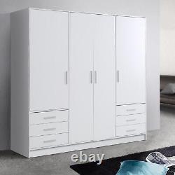 Large 4 Door Bedroom Wardrobe Matt White. Hanging rail, shelves and 6 drawers