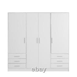 Large 4 Door Bedroom Wardrobe Matt White. Hanging rail, shelves and 6 drawers