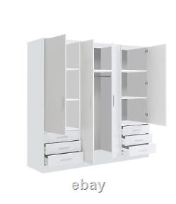 Large 4 Door Bedroom Wardrobe Matt White. Hanging rail, shelves and 6 drawers