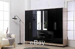 Large 4 door high gloss mirrored wardrobe BLACK 3 Drawers