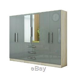 Large 4 door high gloss mirrored wardrobe GREY 3 Drawers NEW COLOUR