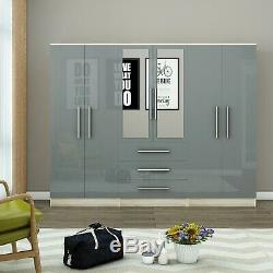 Large 4 door high gloss mirrored wardrobe GREY 3 Drawers NEW COLOUR
