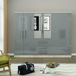 Large 4 door high gloss mirrored wardrobe Grey, - 3 Drawer