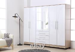 Large 4 door high gloss mirrored wardrobe WHITE 3 Drawers