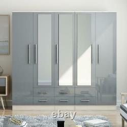 Large 5 Door Mirrored HIGH GLOSS GREY Wardrobe, Bed side, Chest Drawers Set