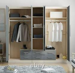 Large 5 Door Mirrored HIGH GLOSS GREY Wardrobe, Bed side, Chest Drawers Set