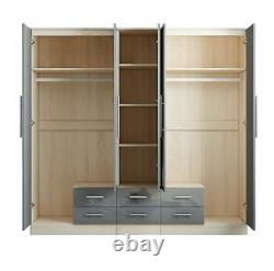 Large 5 Door Mirrored HIGH GLOSS GREY Wardrobe, Bed side, Chest Drawers Set