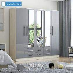 Large 5 Door Mirrored Wardrobe, High Gloss LIGHT GREY, 6 Drawers, Modern Design