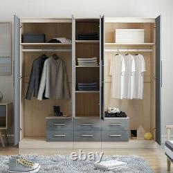 Large 5 Door Mirrored Wardrobe, High Gloss LIGHT GREY, 6 Drawers, Modern Design