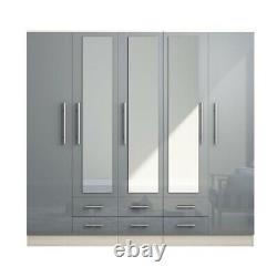 Large 5 Door Mirrored Wardrobe, High Gloss LIGHT GREY, 6 Drawers, Modern Design