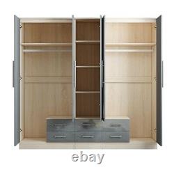 Large 5 Door Mirrored Wardrobe, High Gloss LIGHT GREY, 6 Drawers, Modern Design