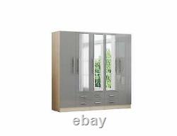 Large 5 Door Mirrored Wardrobe, High Gloss LIGHT GREY, 6 Drawers, Modern Design