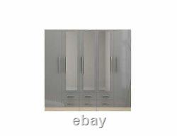 Large 5 Door Mirrored Wardrobe, High Gloss LIGHT GREY, 6 Drawers, Modern Design