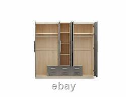 Large 5 Door Mirrored Wardrobe, High Gloss LIGHT GREY, 6 Drawers, Modern Design