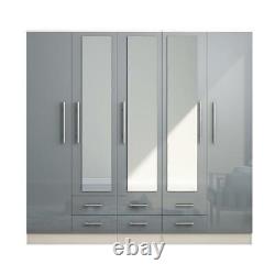 Large 5 Door Modern Mirrored Fitment Wardrobe, 6 Drawers, in High Gloss Grey