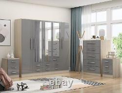 Large 5 door bedroom set, wardrobe, Chest, 2 x Bedside drawer, GREY HIGH GLOSS