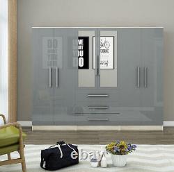 Large 6 Door Mirrored Wardrobe, High Gloss LIGHT GREY, 3 Drawers, Modern Design