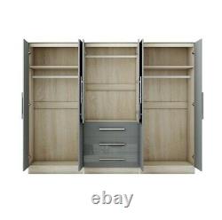 Large 6 Door mirrored HIGH GLOSS GREY fitment wardrobe, 3 drawer, FREE SHIPPING