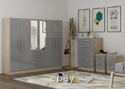 Large 6 door bedroom set, wardrobe, Chest, 2x Bedside drawer, GREY HIGH GLOSS