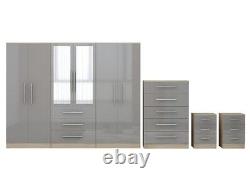 Large 6 door bedroom set, wardrobe, Chest, 2x Bedside drawer, GREY HIGH GLOSS