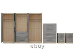 Large 6 door bedroom set, wardrobe, Chest, 2x Bedside drawer, GREY HIGH GLOSS