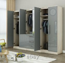 Large 6 door mirrored HIGH GLOSS fitment wardrobe, 3 drawer, BLACK/WHITE/GREY