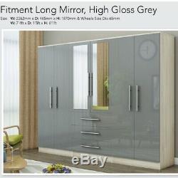 Large 6 door mirrored high gloss BLACK, WHITE, GREY fitment wardrobe, 3 drawer
