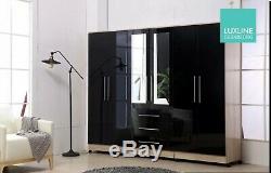 Large 6 door mirrored high gloss BLACK fitment wardrobe, 3 drawer, FREE SHIPPING