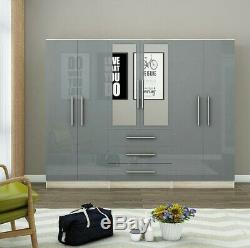 Large 6 door mirrored high gloss GREY wardrobe, 3 drawer, FREE SHIPPING