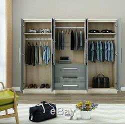 Large 6 door mirrored high gloss GREY wardrobe, 3 drawer, FREE SHIPPING