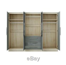 Large 6 door mirrored high gloss GREY wardrobe, 3 drawer, FREE SHIPPING