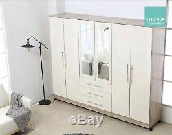 Large 6 door mirrored high gloss WHITE fitment wardrobe, 3 drawer, FREE SHIPPING