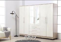 Large 6 door mirrored high gloss WHITE fitment wardrobe, 3 drawer, FREE SHIPPING