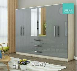 Large 6 door mirrored high gloss grey wardrobe, 3 drawer, FREE SHIPPING