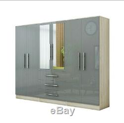 Large 6 door mirrored high gloss grey wardrobe, 3 drawer, FREE SHIPPING