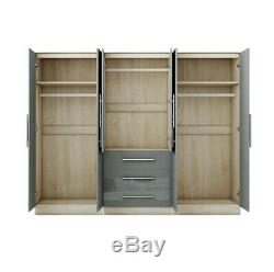 Large 6 door mirrored high gloss grey wardrobe, 3 drawer, FREE SHIPPING