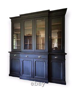 Large Antique Black Painted Breakfront Glazed Dresser Display Cabinet Bookcase