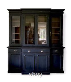 Large Antique Black Painted Breakfront Glazed Dresser Display Cabinet Bookcase