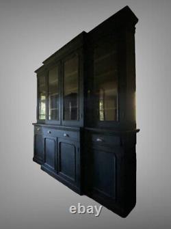 Large Antique Black Painted Breakfront Glazed Dresser Display Cabinet Bookcase