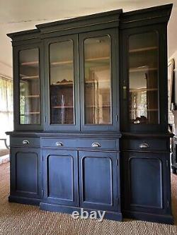 Large Antique Black Painted Breakfront Glazed Dresser Display Cabinet Bookcase