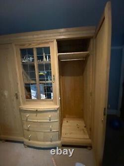 Large Antique Pine Wardrobe with Shelves, Drawers, Full Height Hanging