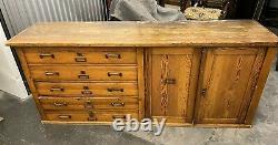 Large Antique Pitch Pine Shop Cabinet With Drawers And Cupboard