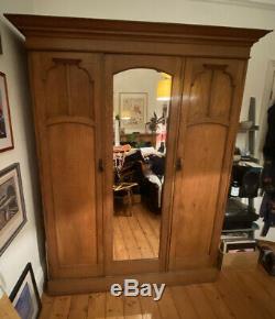 Large Antique Solid Oak Wardrobe Triple Door Drawers