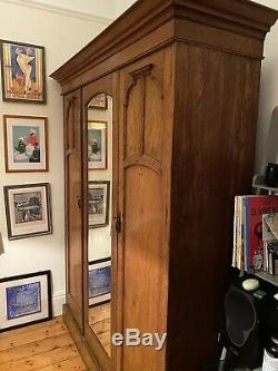 Large Antique Solid Oak Wardrobe Triple Door Drawers