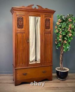 Large Antique Victorian Walnut Mirror Door Wardrobe With Base Drawer